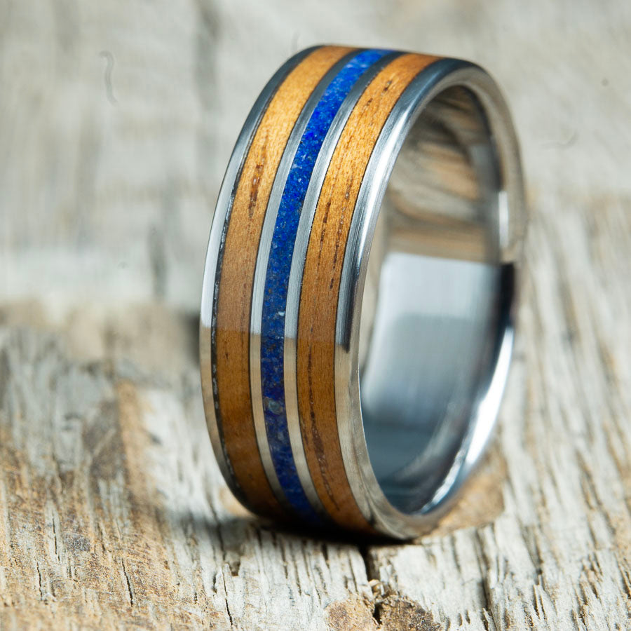 koa and lapis inlay ring on titanium