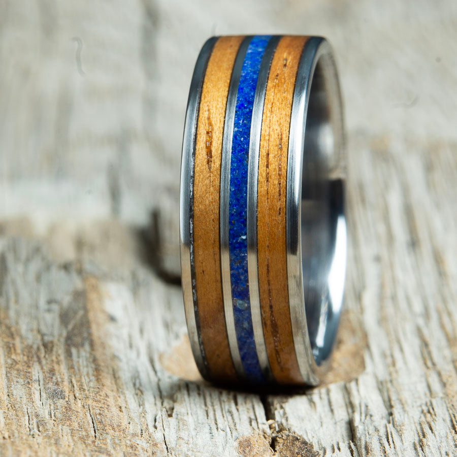 wooden wedding ring with Koa and lapis stone