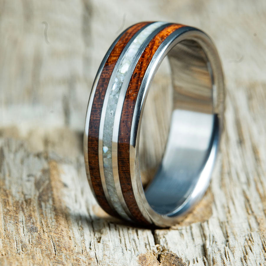 wooden wedding ring with mother of pearl and bubinga wood inlays