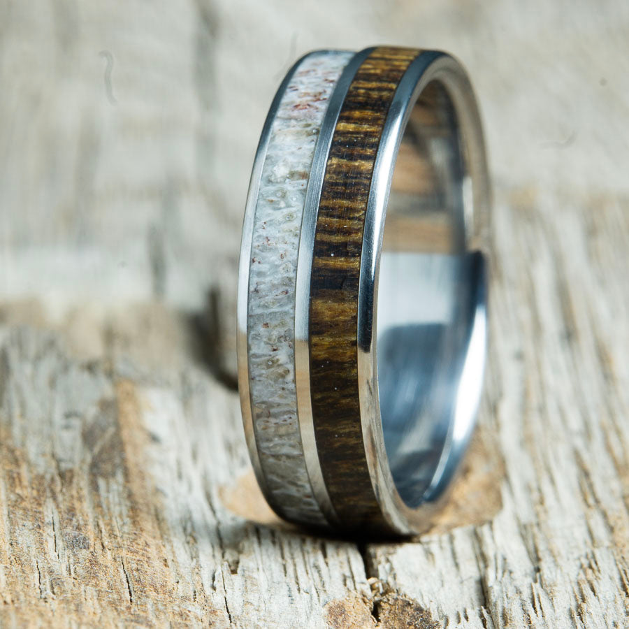 Antler and Bocote- Antler wedding band with bocote wood