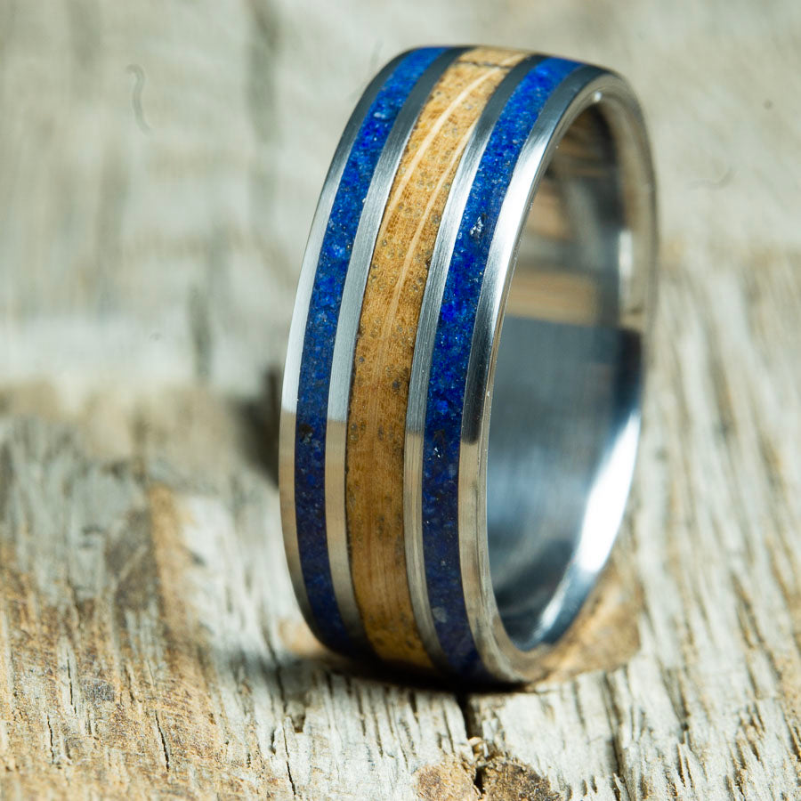 Whiskey barrel wood wedding ring with Lapis stone inlay