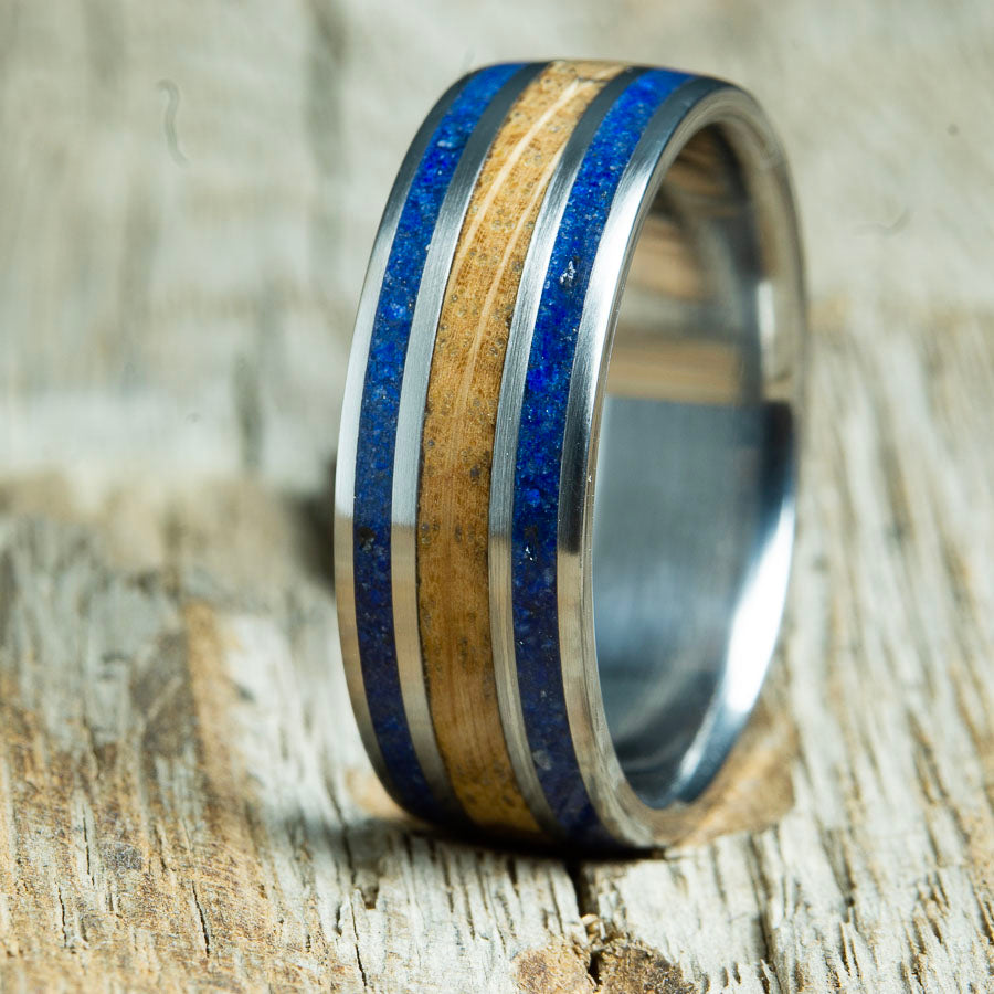 whiskey barrel wood and lapis stone inlay on titanium ring