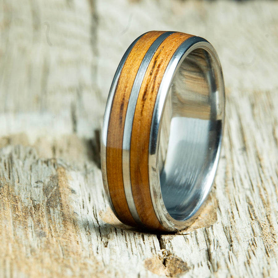 Koa wood double inlay domed titanium ring