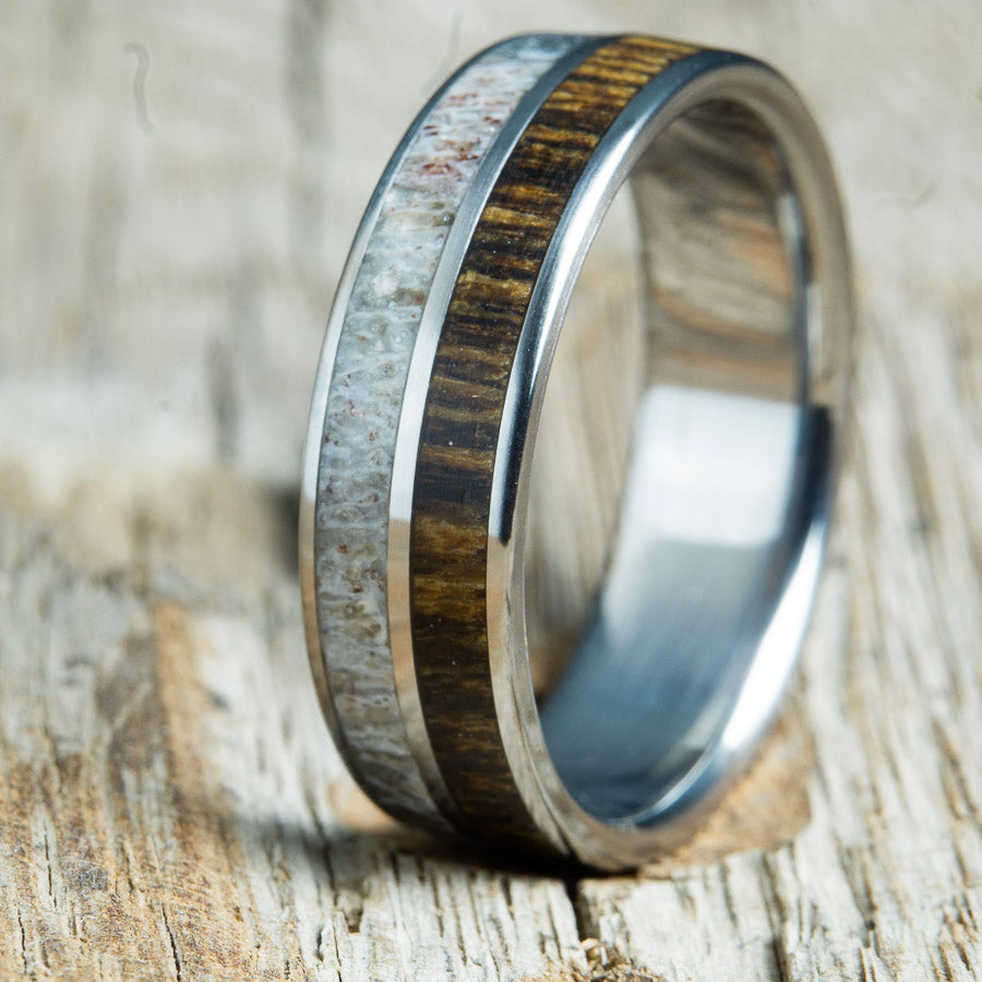 Bocote wood and antler inlay wedding ring
