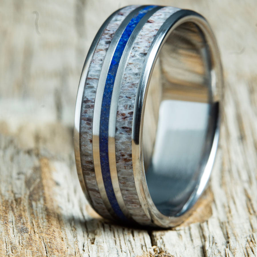 Antler rings with lapis stone inlay
