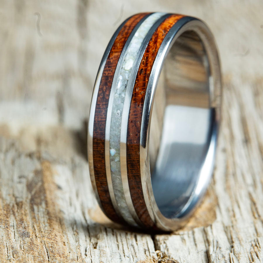 bubinga wood ring with mother of pearl and titanium