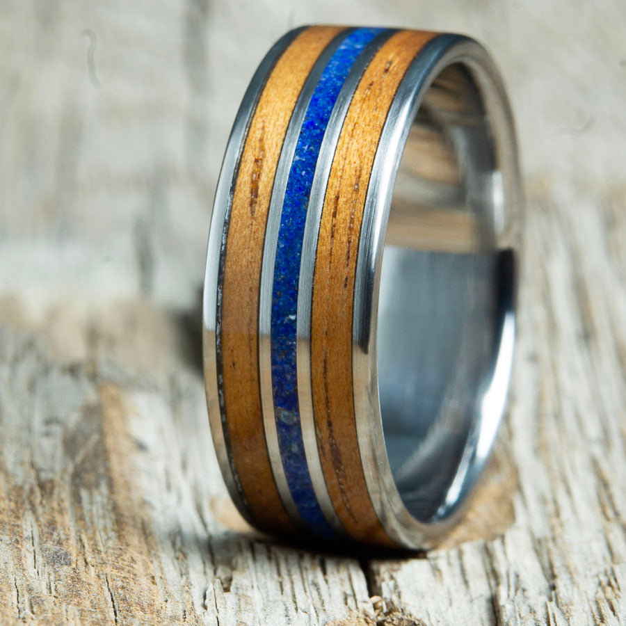 Koa wood wedding ring with lapis stone and titanium