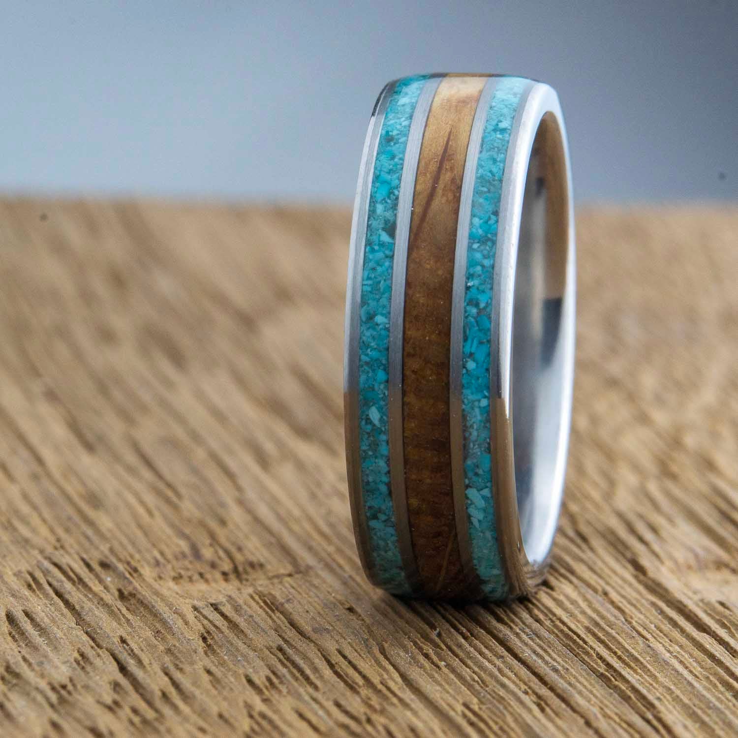 Whiskey oak barrel wood with turquoise  mens ring or wedding band