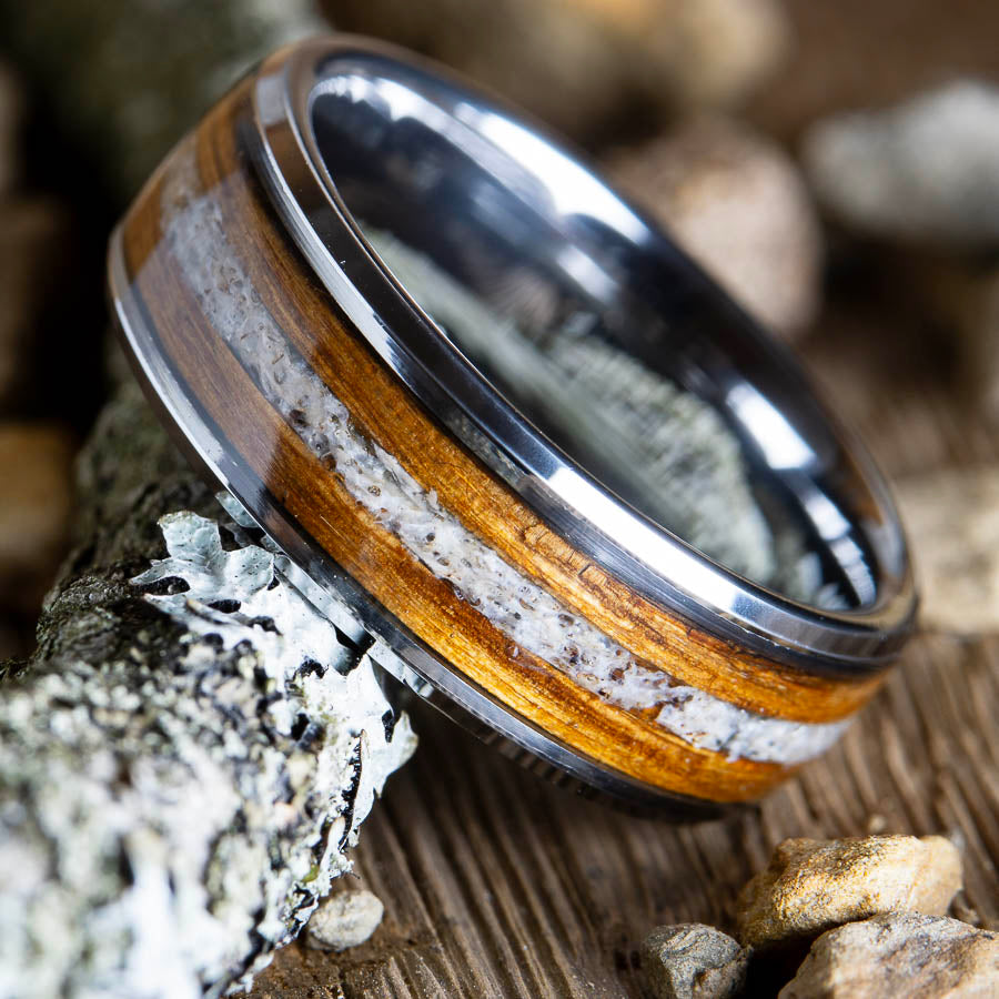whiskey barrel and antler tungsten ring