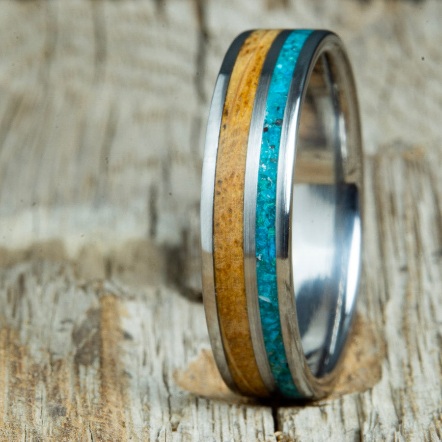 Unique wedding ring with Chrysocolla stone and Whiskey barrel wood