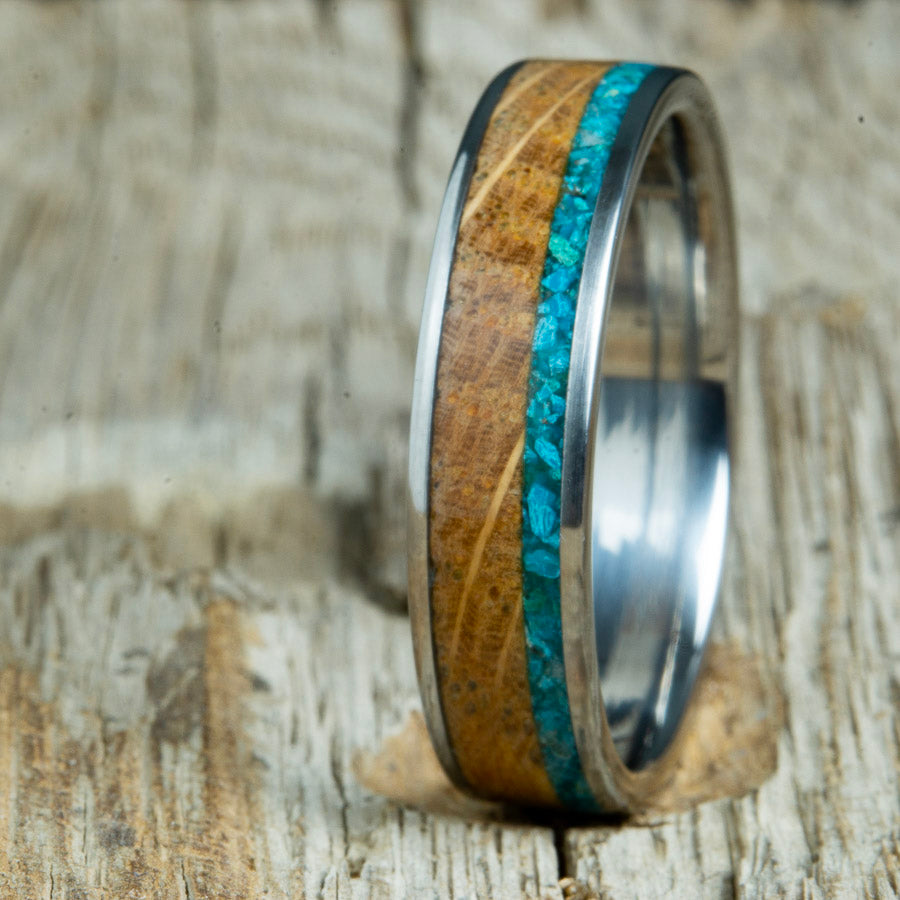 Single inlay 6mm Whiskey barrel ring with chrysocolla stone