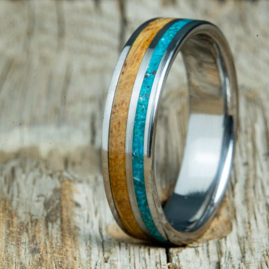 Unique wedding ring with Chrysocolla stone and Whiskey barrel wood 