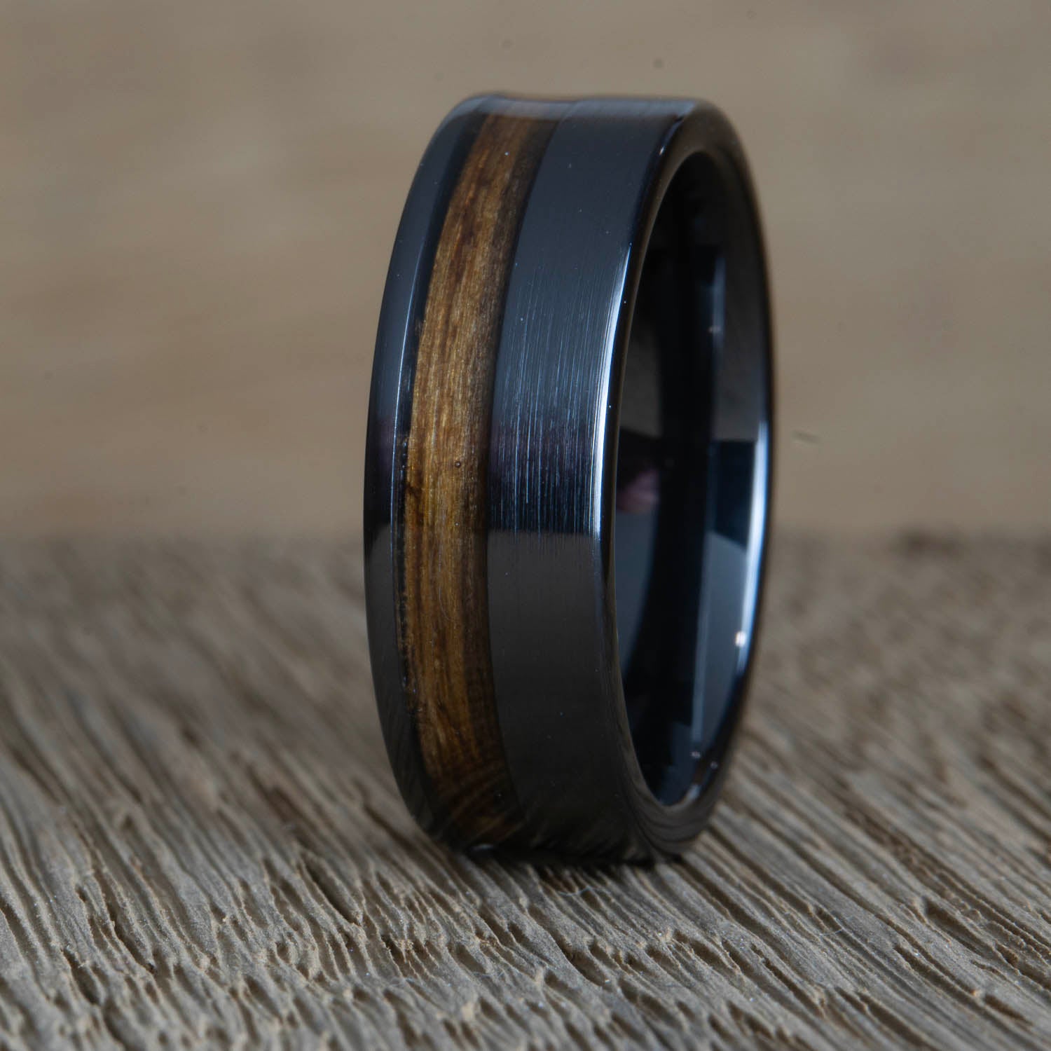 "One side" Whiskey barrel wood inlay Black ring