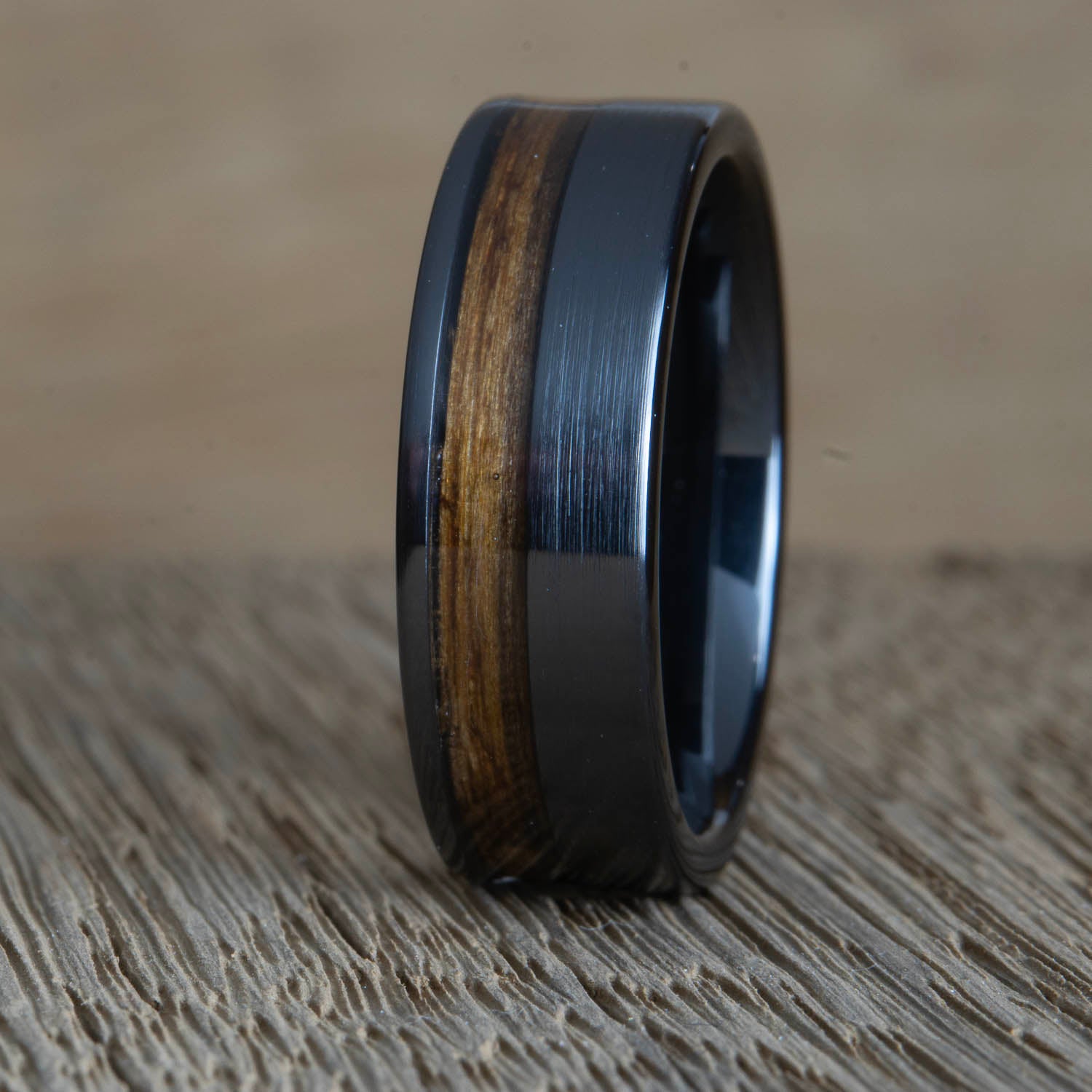 "One side" Whiskey barrel wood inlay Black ring