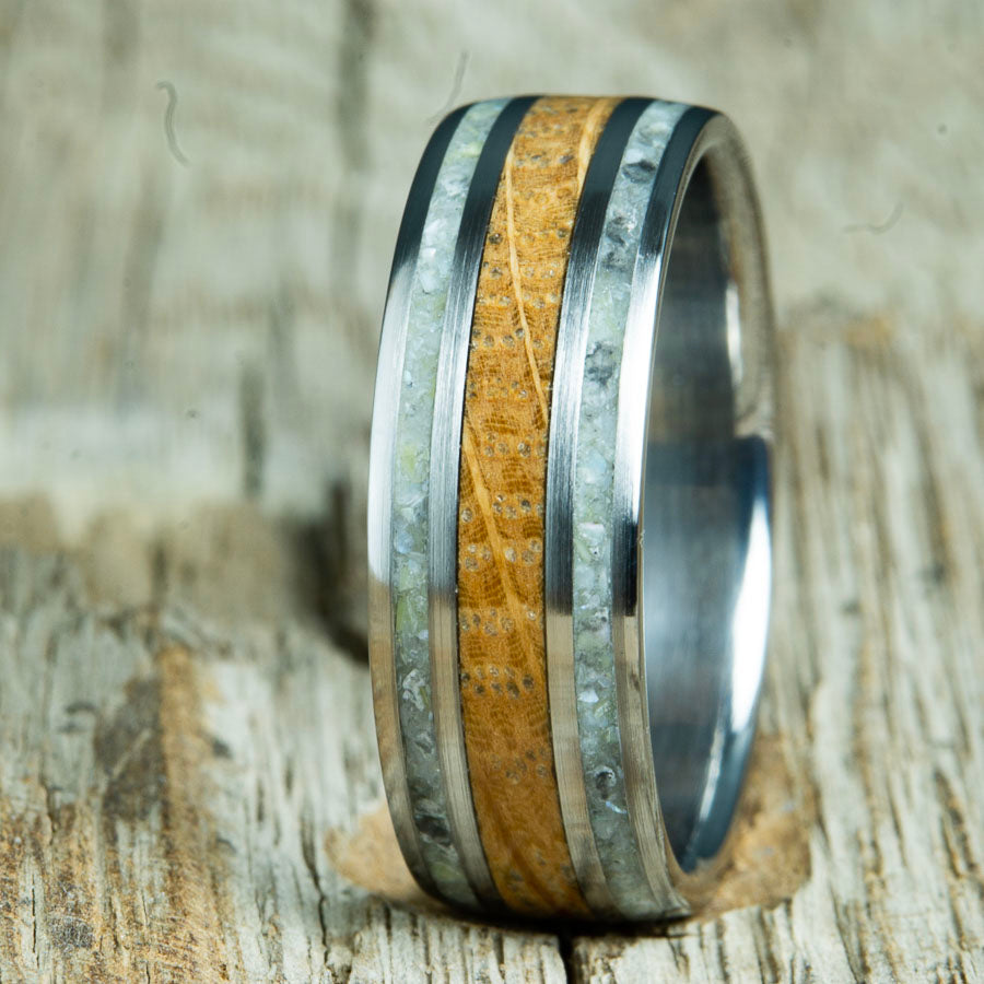 8mm mens ring with Whiskey barrel wood and mother of pearl