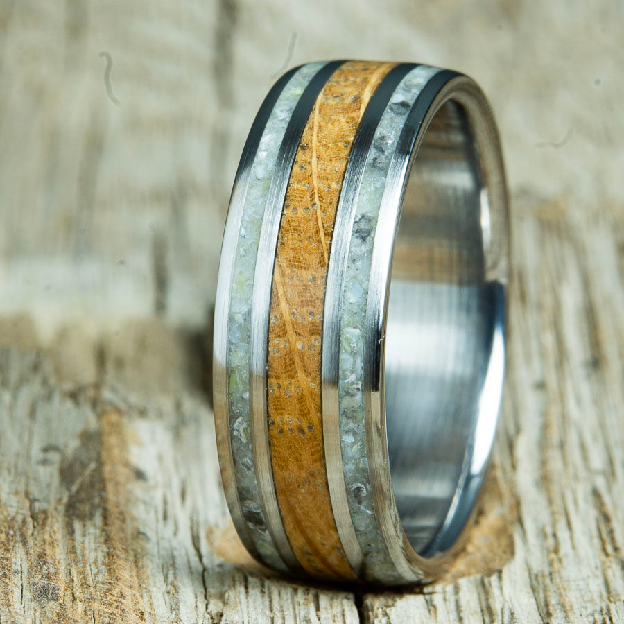 8mm mens wood ring with whiskey barrel wood and mother of pearl inlay on polished titanium band