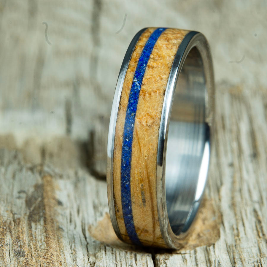 6mm Wooden ring with whiskey barrel wood and blue lapis