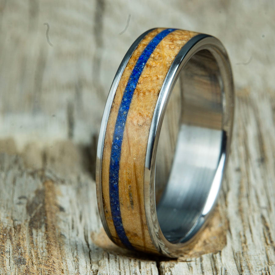wooden ring with whiskey barrel wood and lapis stone
