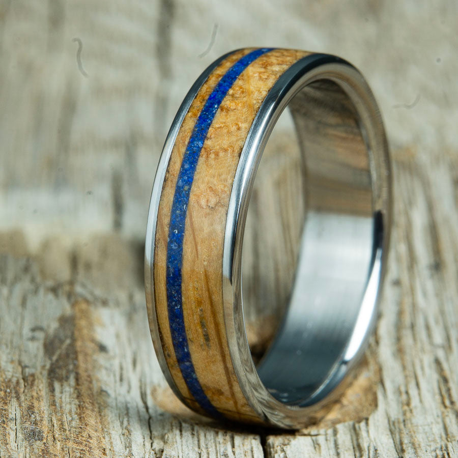 wooden ring with whiskey barrel wood and lapis stone
