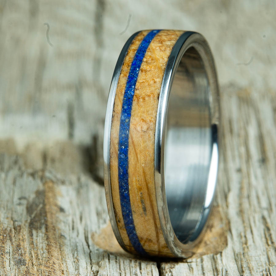 whiskey barrel wood ring with lapis 