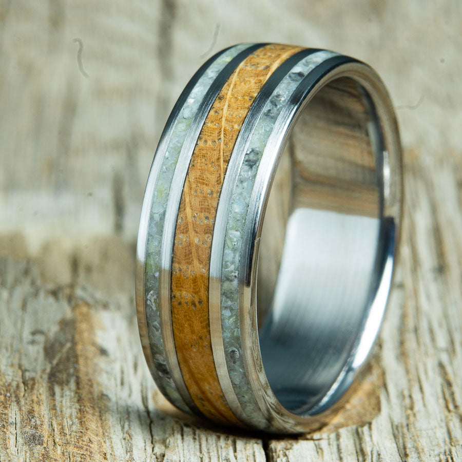 8mm mens ring with Whiskey barrel wood and mother of pearl