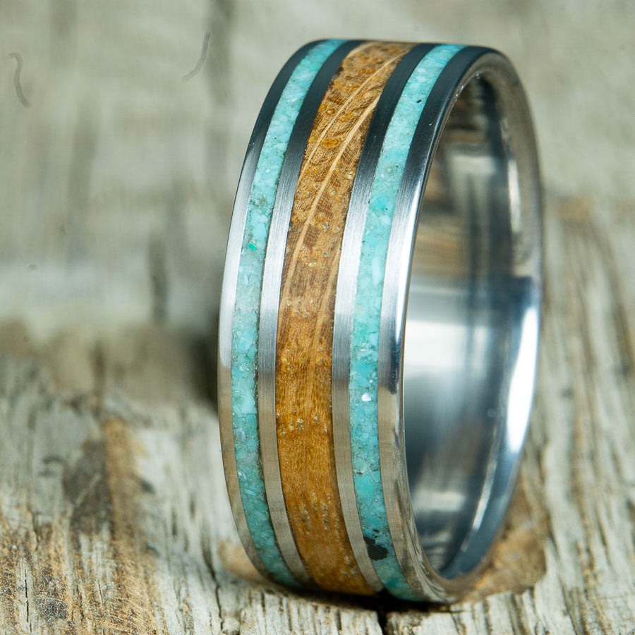 whiskey barrel wood with turquoise and titanium