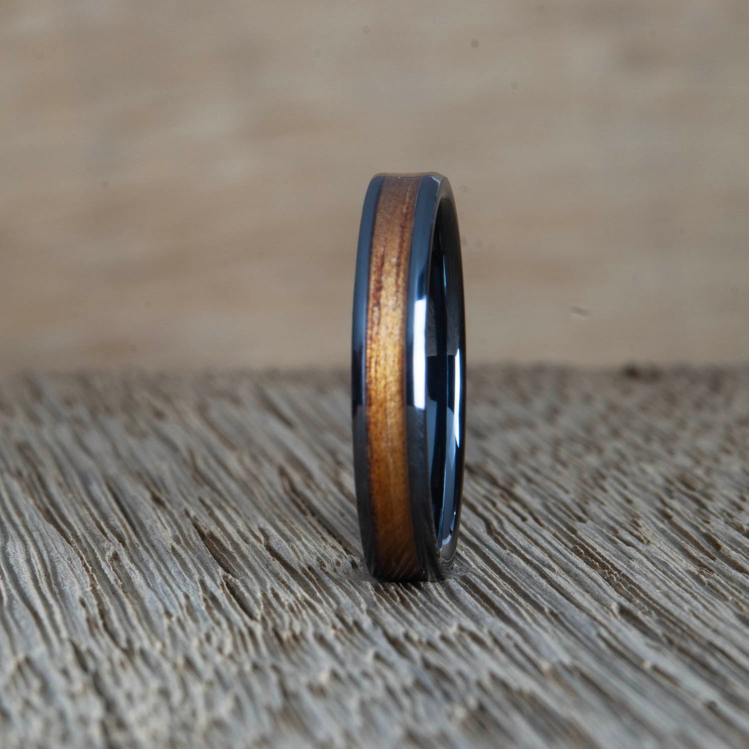 "The island" Koa wood inlaid Black ring