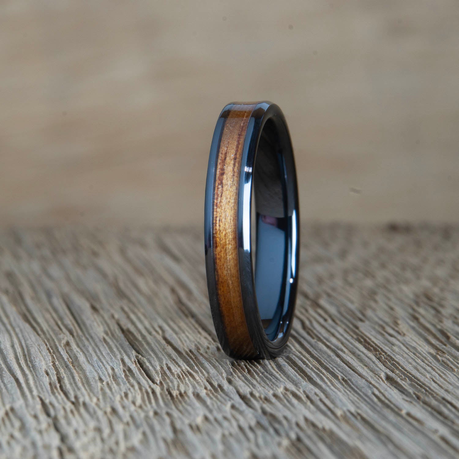 "The island" Koa wood inlaid Black ring