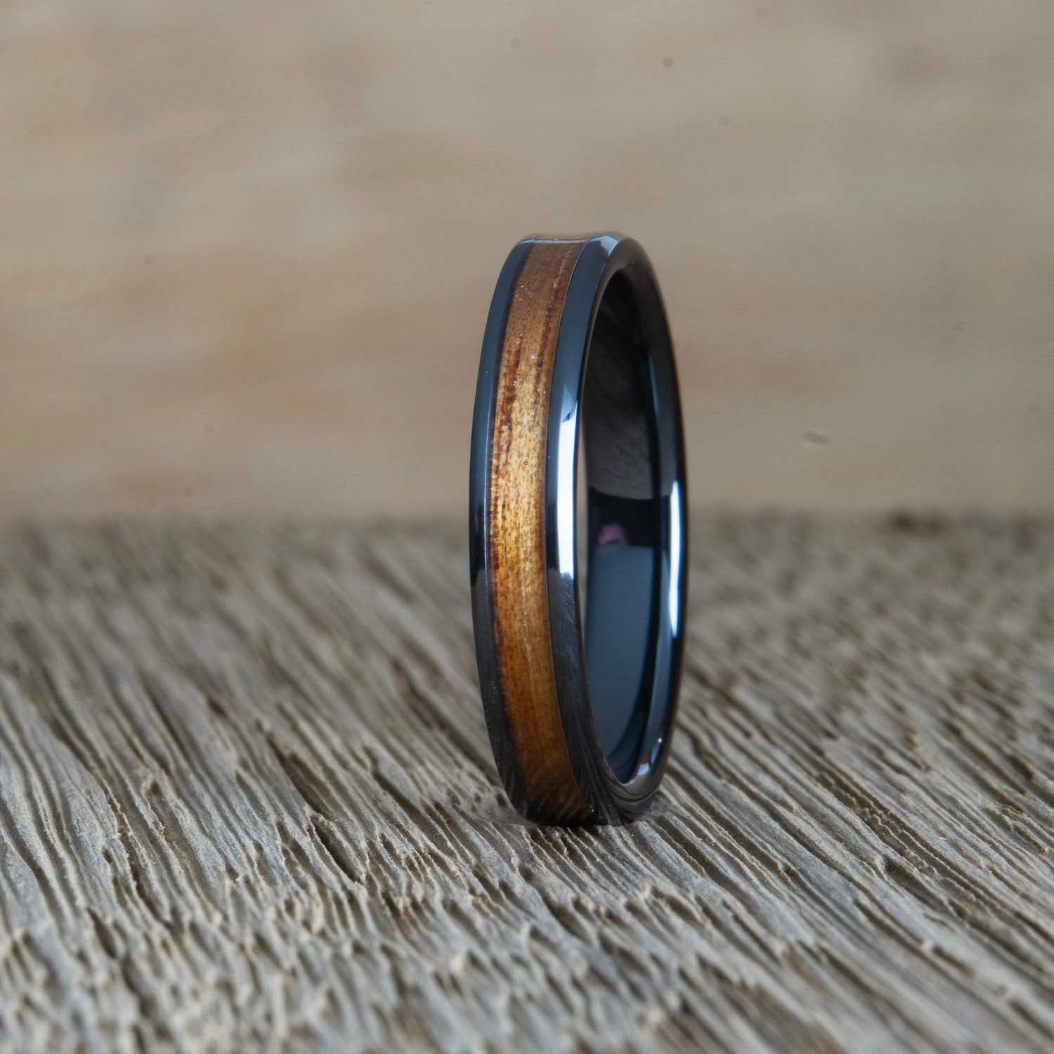 womens black ring with Koa wood inlay