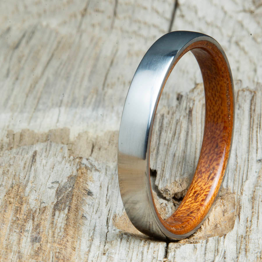Classic domed womens wood wedding band with Acacia. Unique wooden rings for women made by Peacefield Titanium.