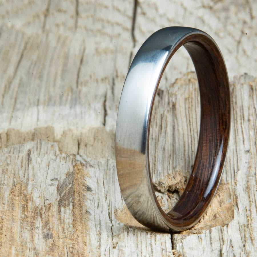 Classic domed womens wood wedding band with Rosewood. Unique wooden rings for women made by Peacefield Titanium.