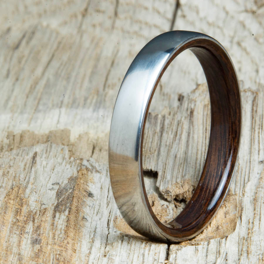 Classic domed womens wood wedding band with Rosewood. Unique wooden rings for women made by Peacefield Titanium.