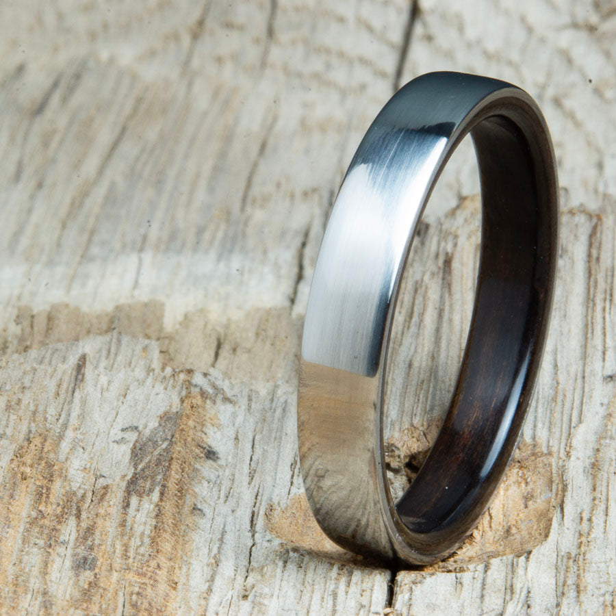 Classic domed womens wood wedding band with domed titanium. Unique wooden rings for women made by Peacefield Titanium.