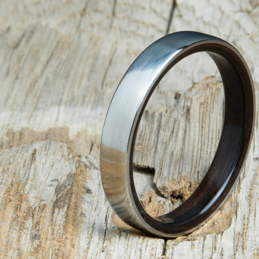 Classic domed womens wood wedding band with domed titanium. Unique wooden rings for women made by Peacefield Titanium.