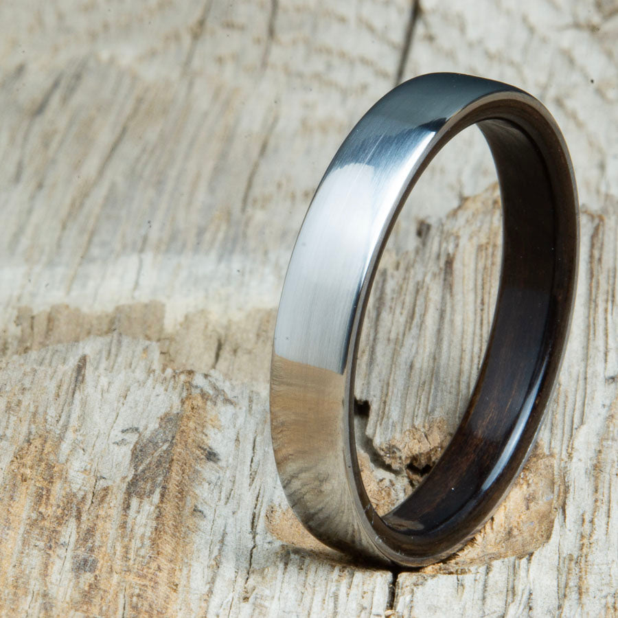 Classic domed womens wood wedding band with domed titanium. Unique wooden rings for women made by Peacefield Titanium.