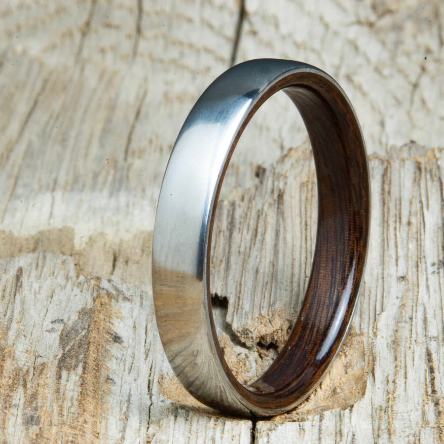 Classic domed womens wood wedding band with Rosewood. Unique wooden rings for women made by Peacefield Titanium.