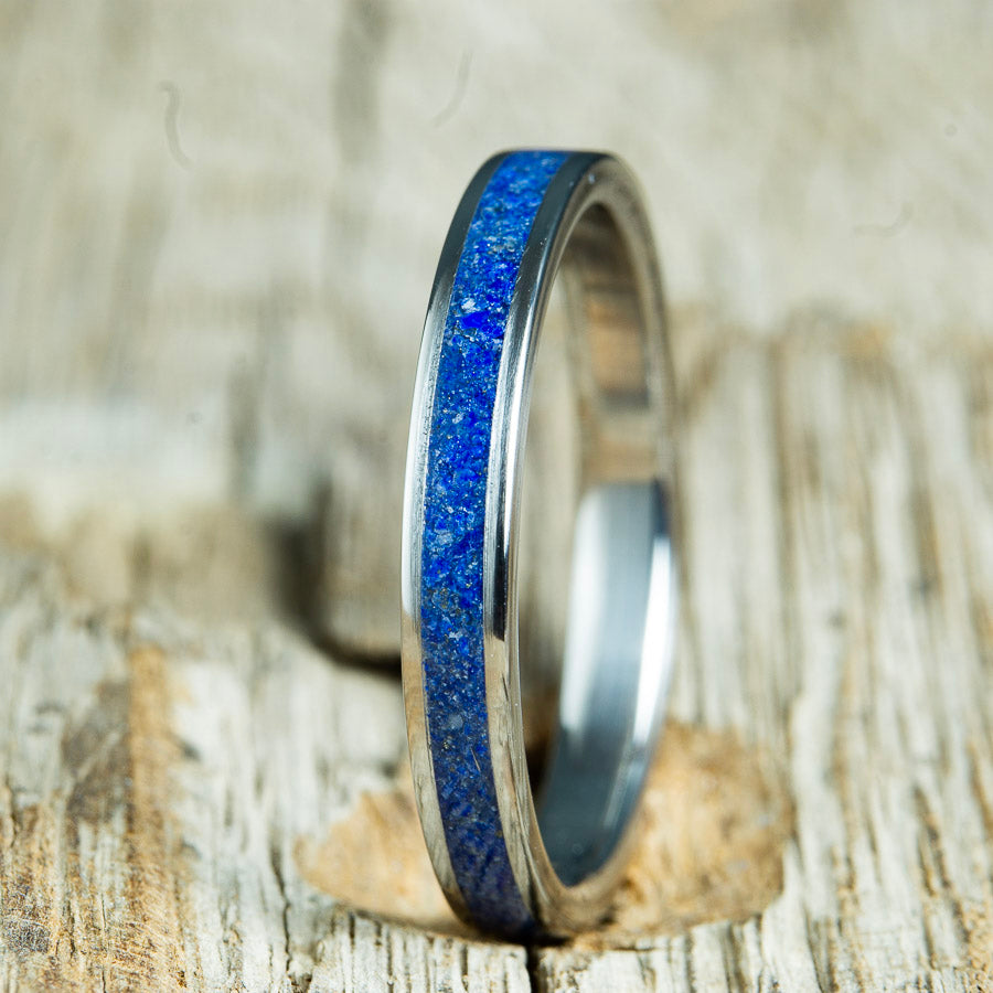 Lapis stone womens wedding ring with polished titanium