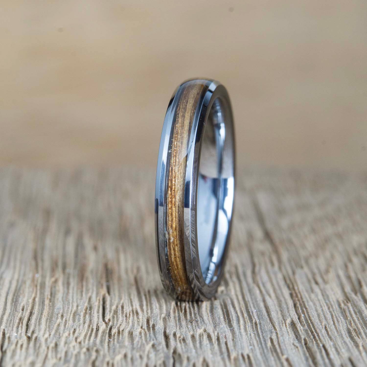 womens tungsten ring with whiskey barrel wood inlay
