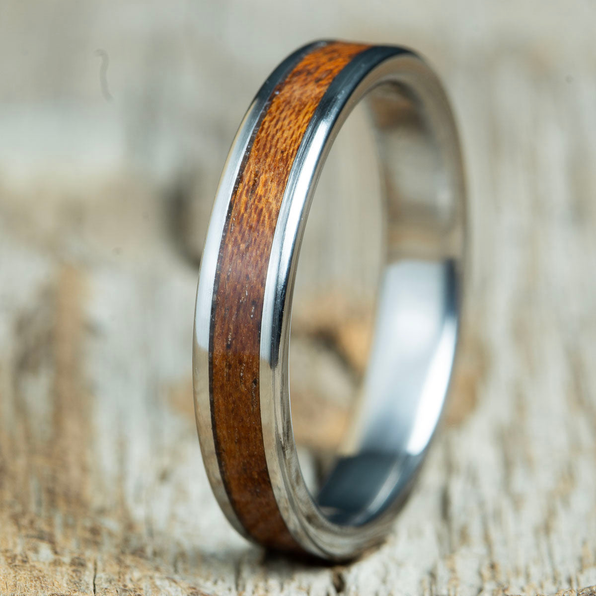 womens wood wedding band with Acacia and titanium