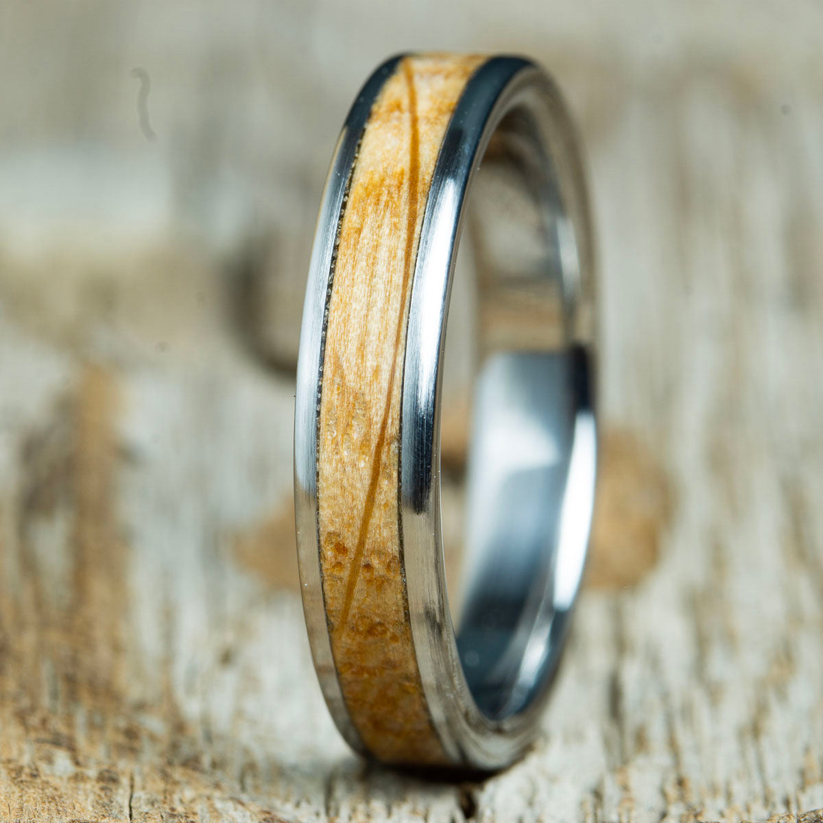 womens wooden ring with whiskey barrel wood inlay