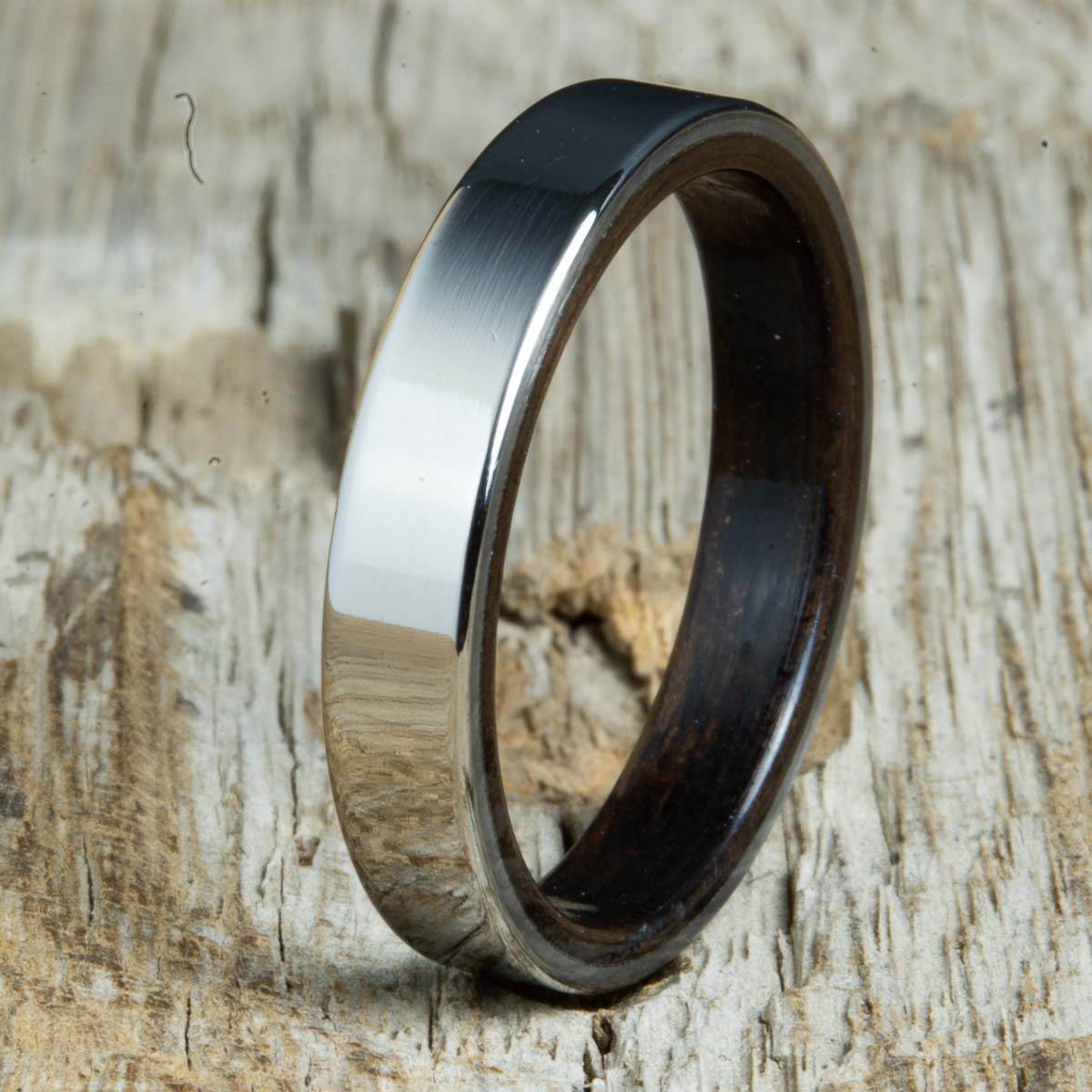 Ebony wood ring for women with polished titanium 4mm