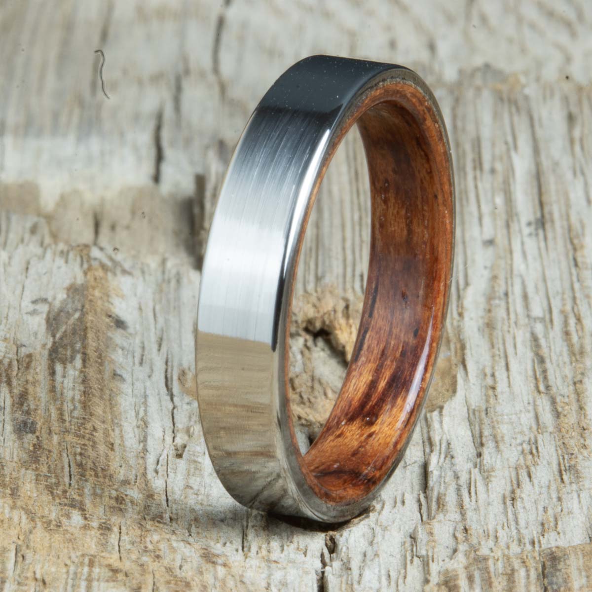 Womens Bubinga wood rings with polished titanium  by Peacefield titanium
