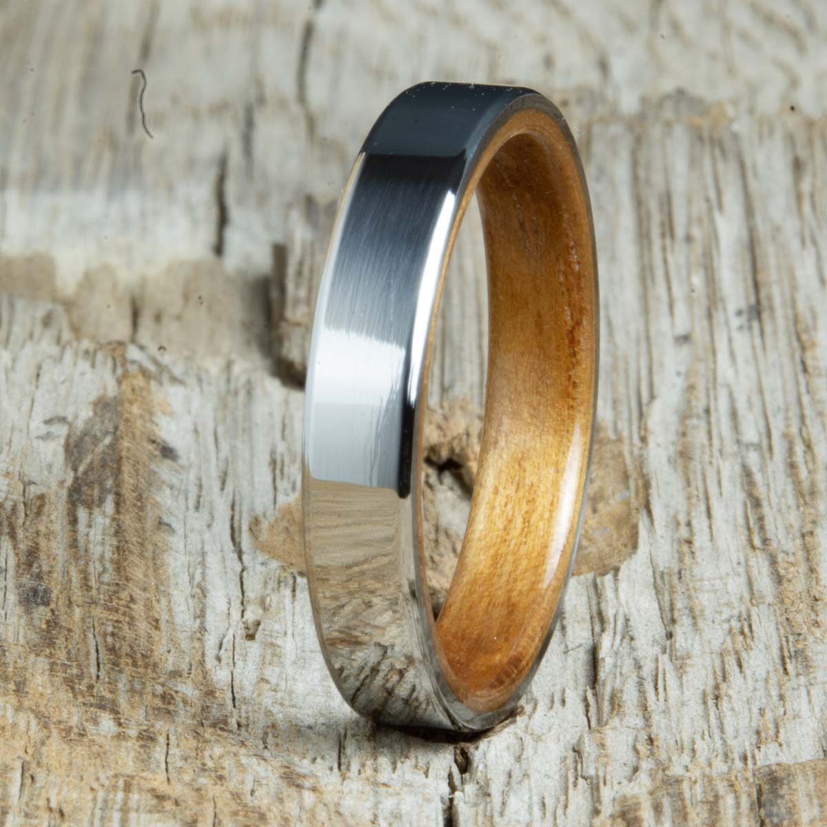 koa wood womens ring with polished titanium