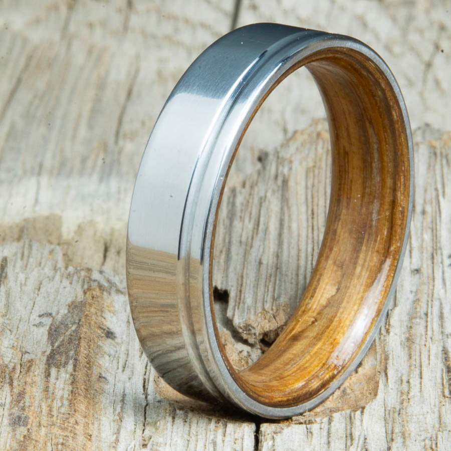 Whiskey barrel wooden ring with single groove polished titanium made for any finger size by Peacefield Titanium