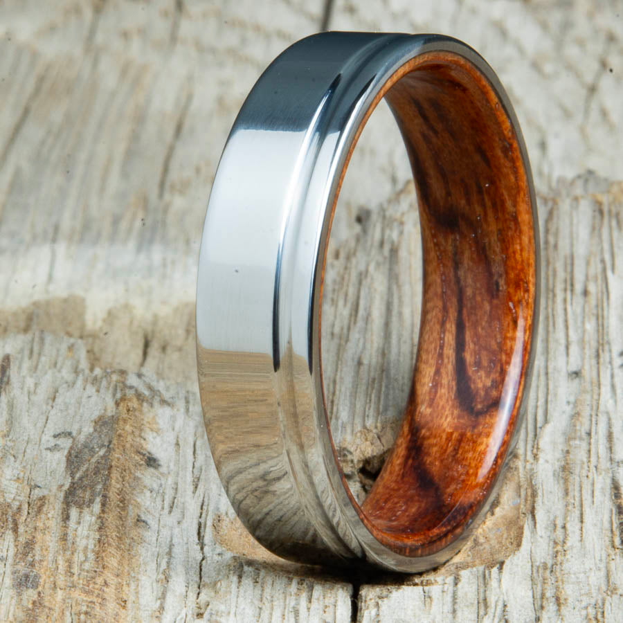 Bubinga wooden ring with single groove polished titanium made for any finger size by Peacefield Titanium