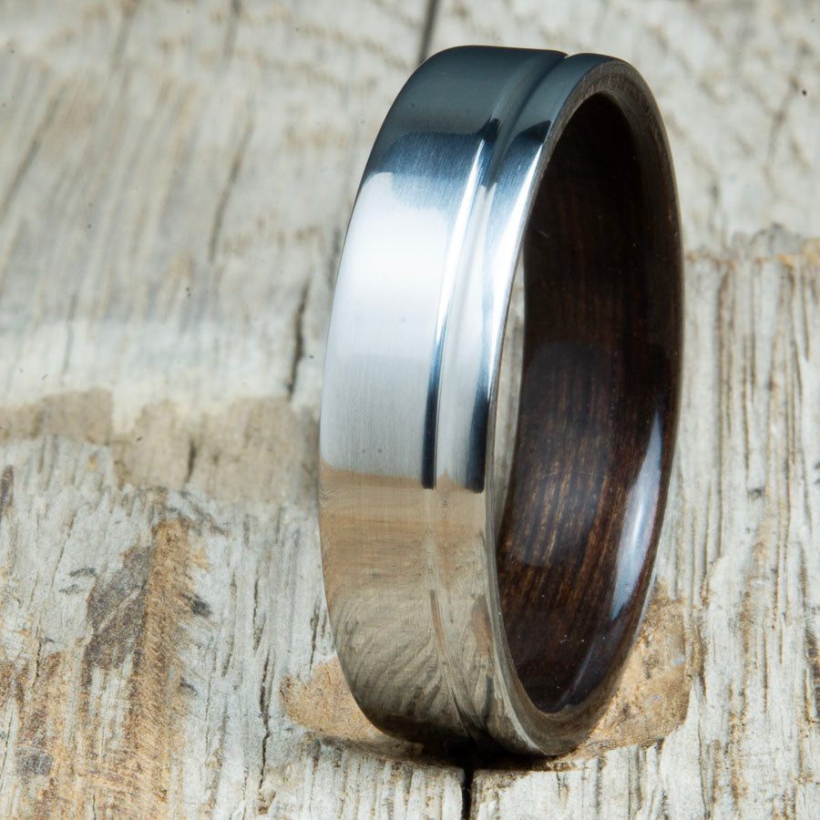 Ebony wooden ring with single groove polished titanium made for any finger size by Peacefield Titanium