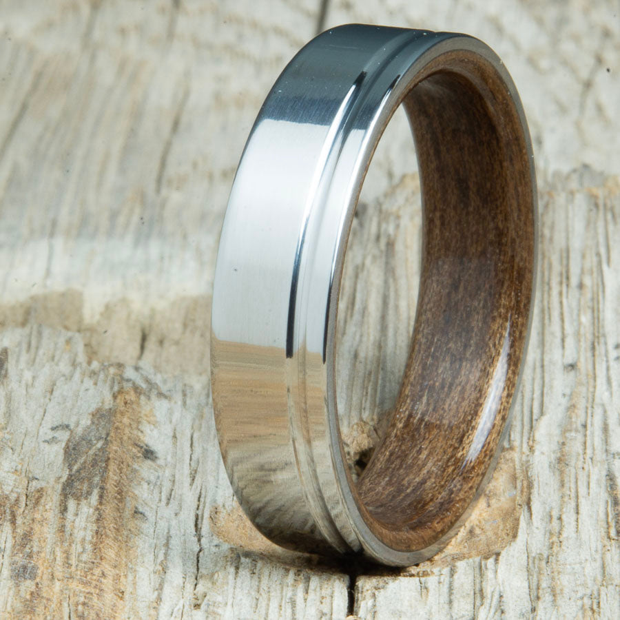 Walnut wooden ring with single groove polished titanium made for ant finger size by Peacefield Titanium
