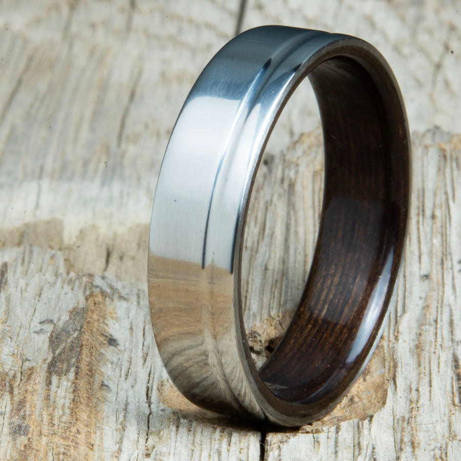 Ebony wooden ring with single groove polished titanium made for any finger size by Peacefield Titanium