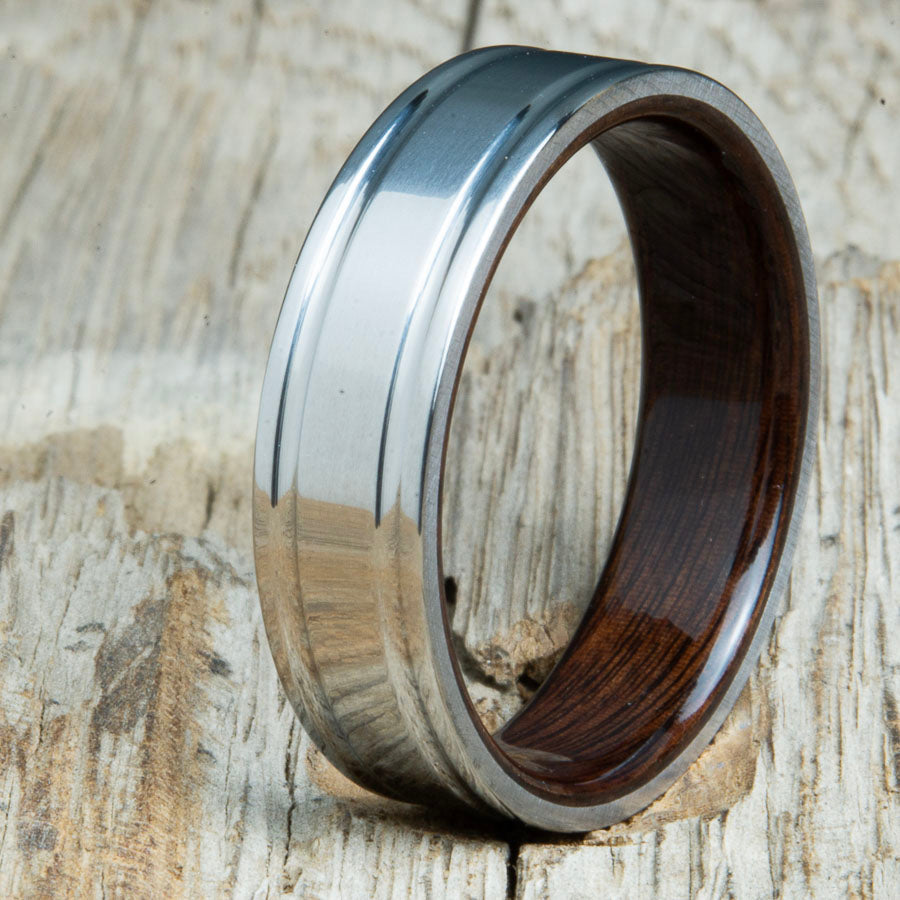 Rosewood ring with classic polished titanium made for any finger size by Peacefield Titanium