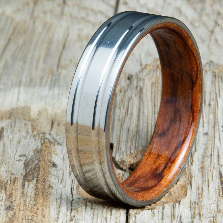 Bubinga wood ring with classic polished titanium made for any finger size by Peacefield Titanium